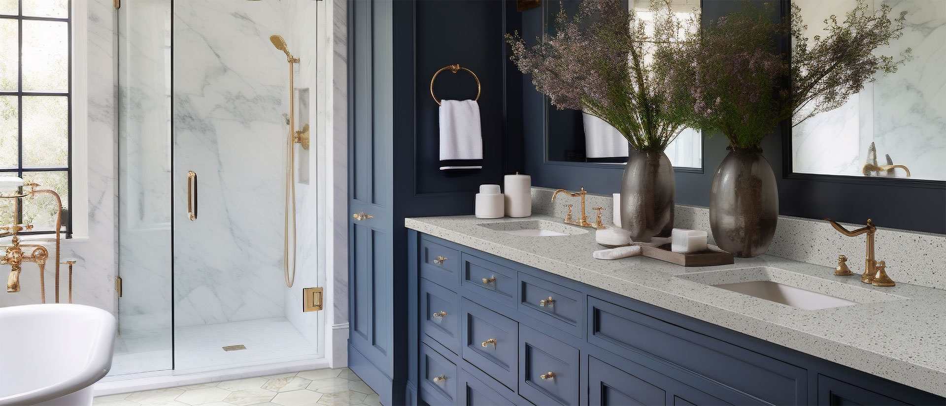 Iced White Quartz countertop in a bathroom